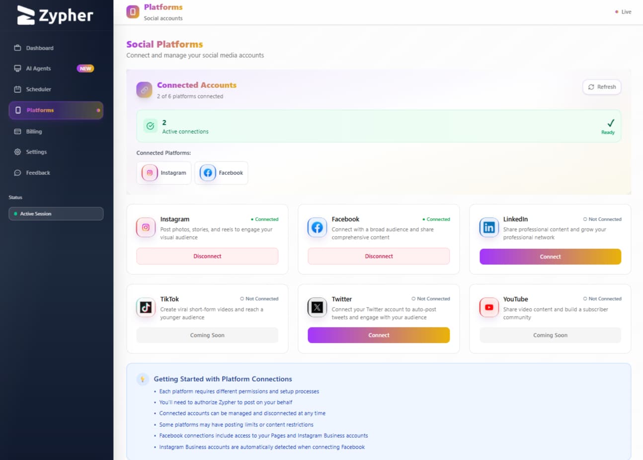 Zypher dashboard showing social platform connections and management interface