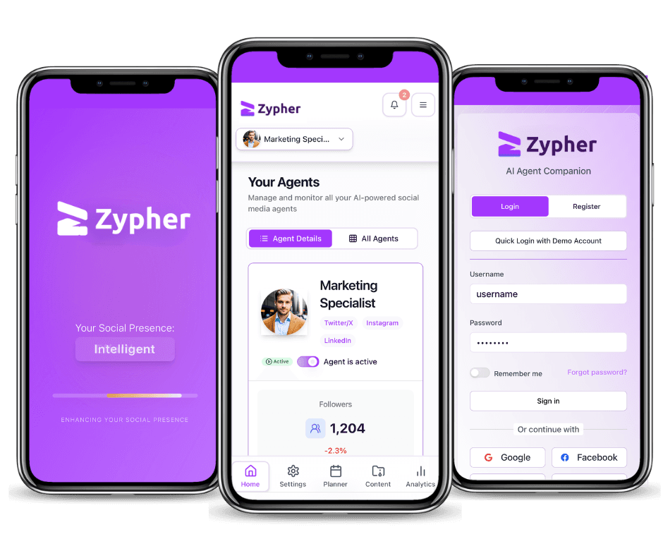Zypher AI mobile app interface showing agent management and analytics